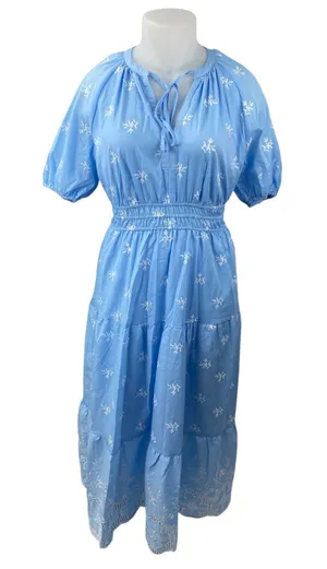 Women's Blue Embroidered Smocked Tiered Tie Neck Puff Sleeve Midi Flare A-Line L thumbnail 1