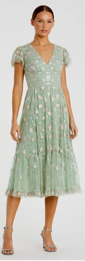 Mac Duggal 35104 Green Multicolor Embroidered V Neck Cap Sleeve Midi Dress thumbnail 1