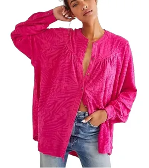 Free People Hot Pink Floral Print Blouson Sleeve Oversize Long Sleeve Blouse thumbnail 1