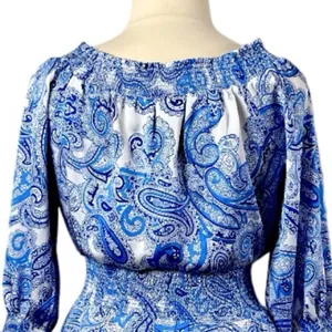 Tahari New Smocked Dress Asymmetrical Ruffle Hem Blue Paisley NWT Women Size 16 thumbnail 11