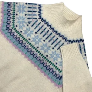 Old Navy Cozy Intarsia Fair Isle Mock Neck Sweater Cream Blue Wool Blend Large thumbnail 2