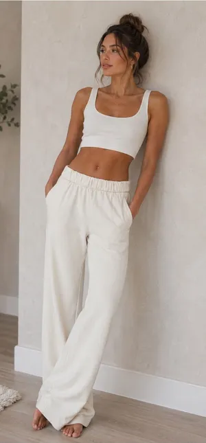 Talentless French Terry Bone Cream Wide Leg Lounge Sweatpants thumbnail 1