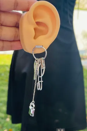 Silver Tone Key Lock Safety Pin Earrings thumbnail 2