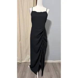 New Material Girl Midi Dress L Caviar Black Ruched Side Slit Cocktail Prom Edgy thumbnail 3