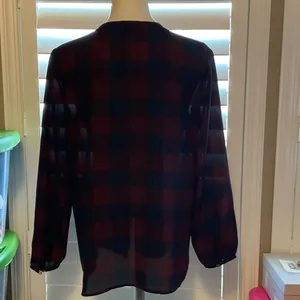 Ann Taylor Burgundy and Navy Checkered Button Down Shirt thumbnail 4