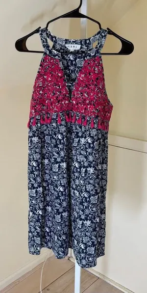 THML EUC Womens Blue Hot Pink Paisley Floral Embroidered Mini Boho Tunic Dress S thumbnail 1