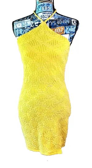 Wild Fable Yellow Halter Knee Length Dress‎ with side slit built in bra Size M thumbnail 1