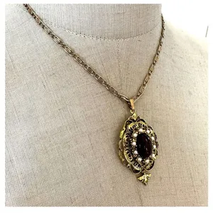 Gold tone faux pearl red Victorian pendant necklace thumbnail 6