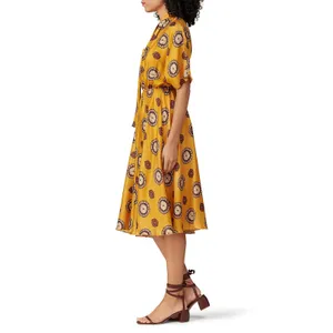 Nissa Marigold Medallion Print Silk Blend Short Sleeve A-Line Midi Dress Size 8 thumbnail 3