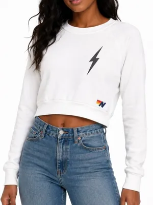 Aviator Nation White Cropped Sweatshirt Small Lightning Bolt Raglan Pullover USA thumbnail 1