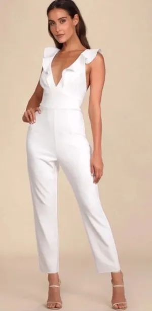 Lulu's White Plunging V Neck Flutter Sleeve Jumpsuit thumbnail 1