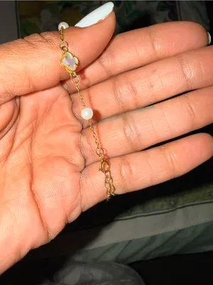 Gold & white pearl bracelet with white clover-shaped charms S925 thumbnail 2