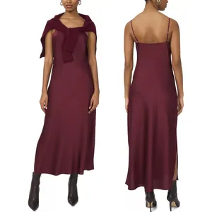 MSK Zinfandel Burgundy Satin Slip Maxi Dress Small 93347190AM Adjustable Straps thumbnail 2