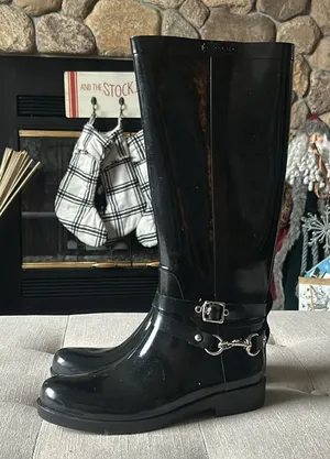 Coach Lori Black Rubber Tall Rain Boots W/ Silver Hardware Size 8 thumbnail 1