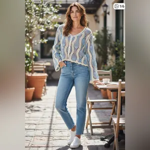 Elegant Blue and Cream Crochet Blouse thumbnail 2