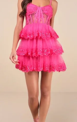 NWT Lulus Exquisite Drama Hot Pink Embroidered Sequin Tiered Mini Dress Size Med thumbnail 1