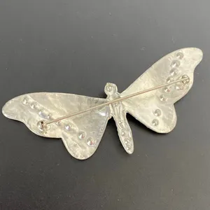 Vintage Silver Tone Rhinestone Butterfly Moth Brooch Pin Purple & Green Stones thumbnail 4