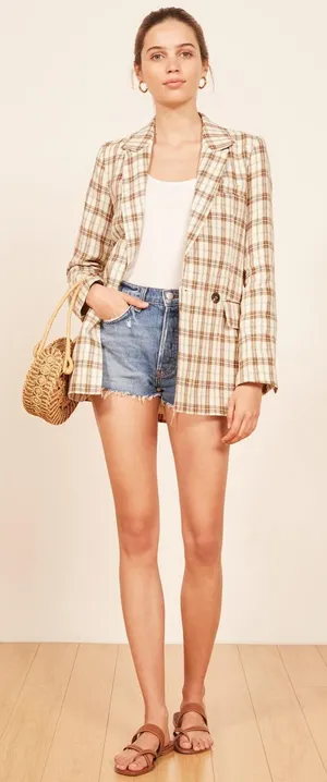 Reformation Verano Cream Plaid Linen Blazer Size XS thumbnail 1