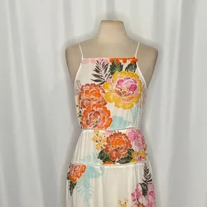 Anthropologie‎ FARM RIO Havana Floral Dress Midi Pom Poms Vacation Large Petite thumbnail 3