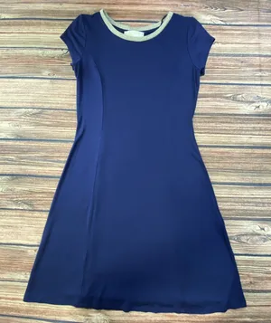 Michael Kors Navy Blue Flared Dress Size Small Short Sleeve Gold Trim thumbnail 1