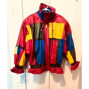 Vintage 80s/90s Mixed Blues Leather Batwing Colorblock Jacket thumbnail 12