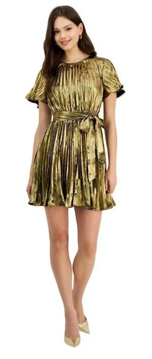 NWT Sam Edelman Womens Plisse Waist Mini Dress Tie 89H505-S4 Gold Yellow 4 thumbnail 1
