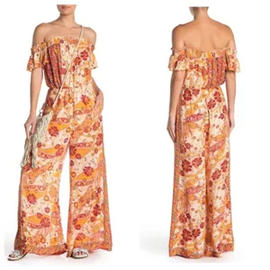 NWT Free People Carmen Jumpsuit Off Shoulder Floral Wide Leg Size Small Bohemian thumbnail 14