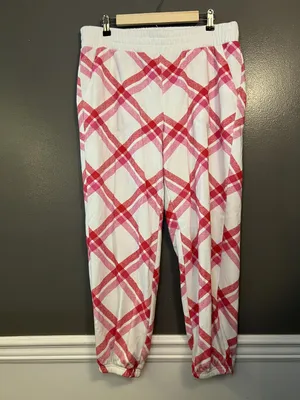 Colsie Pants Womens Large White Pink Red Plaid Jogger Sweatpants Lounge Cuffed thumbnail 2