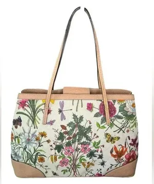 Gucci Vintage Medium Floral Camvas Pink/Beige Leather Tote Bag. thumbnail 1