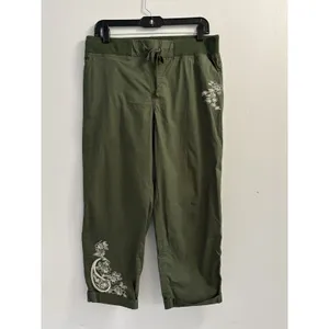 Palm Rio Womens Olive Green Floral Embroidered Cropped Jogger Pants Size M thumbnail 2