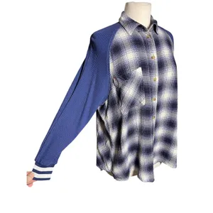 UO BDG Women’s Keanu Blue Plaid Varsity Mixed Media Button Up Flannel thumbnail 5