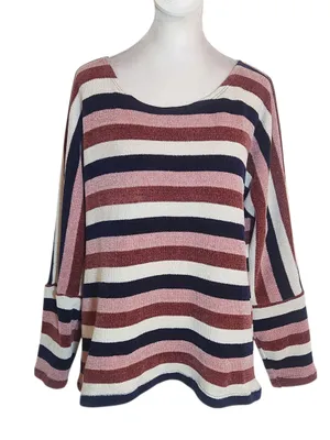 Chenault Pink and Navy Striped Chenille Pullover Size Large thumbnail 1