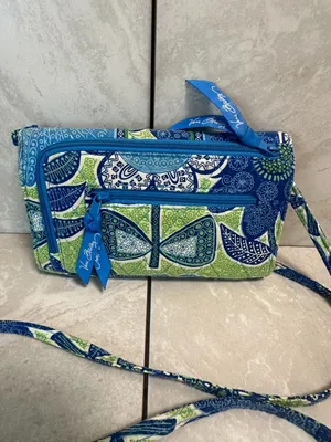 Vera Bradley retired blue green Doodle Daisy quilted organizer crossbody bag thumbnail 6