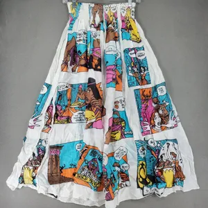 Switch Comic Book Print Maxi Skirt Women OS White Pop Art Smocked Cotton VTG thumbnail 3