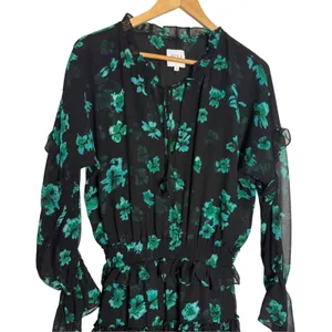 MISA Lolita Black Green Floral Print Long Sleeve V-Neck Ruffled Mini Dress Small thumbnail 3
