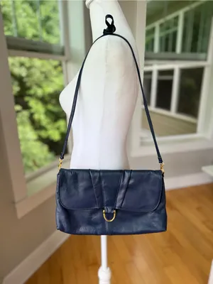 Vintage 80s 90s Navy Gold Genuine Leather Purse Shoulder Bag thumbnail 11