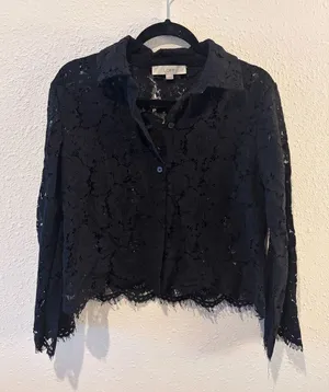 LOFT Black Lace Button-Front Collared Shirt thumbnail 1