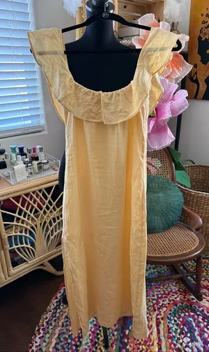 Reformation Madrid Buttercup Yellow Linen Off Shoulder Slit Ruffle Midi Dress thumbnail 1