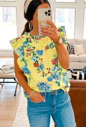 LOFT Yellow 100% Cotton Floral Ruffle Sleeve Blouse L Spring 23 thumbnail 1
