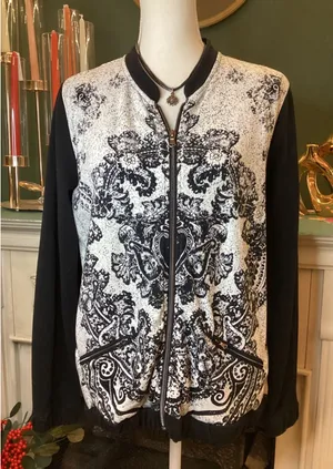 Onque Casuals Black White Damask Print Bomber Jacket Zipper‎ Pockets Size M thumbnail 1