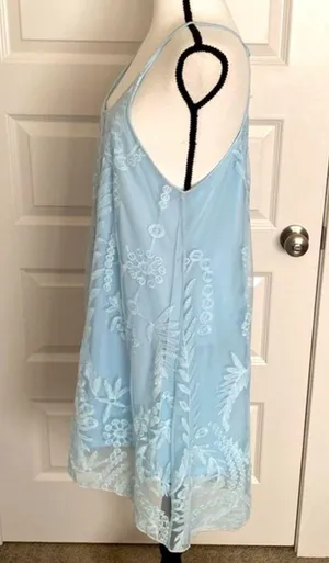 Miami| Sky blue baby doll dress w/ lace overlay. Spaghetti straps w/ razorback thumbnail 4