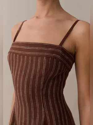 NWT o.p.t Gizele Linen Dress size Small S brown white stripe midi few moda thumbnail 3