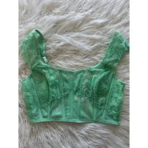 Victoria’s Secret Boho Floral Embroidery Cap Sleeve Corset Top Clueless Green M thumbnail 5