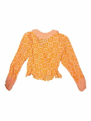Free People 70s Retro Orange Pink Floral Ruffle Wrap Blouse Boho Peplum Top L thumbnail 5