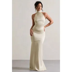 Club L London Adoria Champagne Satin High-Neck Maxi Dress Size 6 thumbnail 3