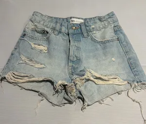 ZARA Blue Denim Shorts Light Wash Distressed thumbnail 1