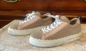 Lauren Leather Beige Blush Pink Scalloped Stacked Sneakers VGUC 6 / EUR 36 thumbnail 2