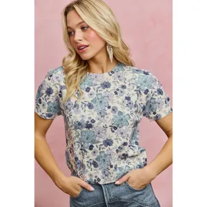 SO ME Floral Print Short Sleeves Sweater Knit Top - Blue - XL thumbnail 2