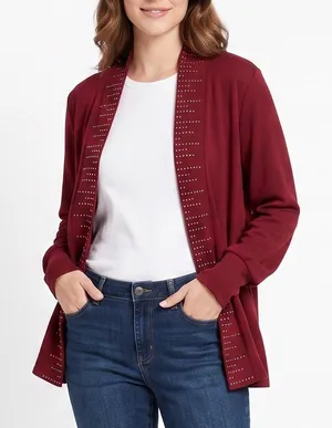Notations Cardigan Womens 1X Wine Red Studded Open Front NEW thumbnail 1
