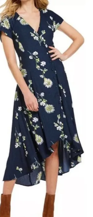 Free People Lost in You Floral Midi Dress Button Hi-lo Navy Blue Size Small S thumbnail 1